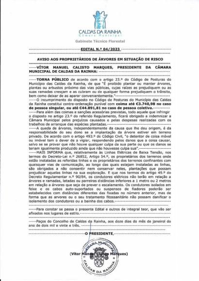 EDITAL N.º 04/2023 - AVISO AOS PROPRIETÁRIOS DE ÁRVORES EM SITUAÇÃO DE RISCO